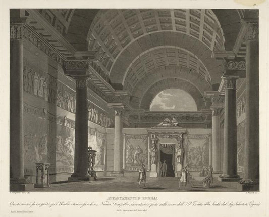 Appartamenti d'Ersilia. Questa scena fu eseguita pel ballo eroica-favoloso, Numa Pompilio, inventato, e posto sulle scene dell'I. R. Teatro alla Scala dal Sig. Salvatore Viganò, nella quaresima dell'anno 1815. A. Sanquirico inv. e dip.  A. Biasioli inc.