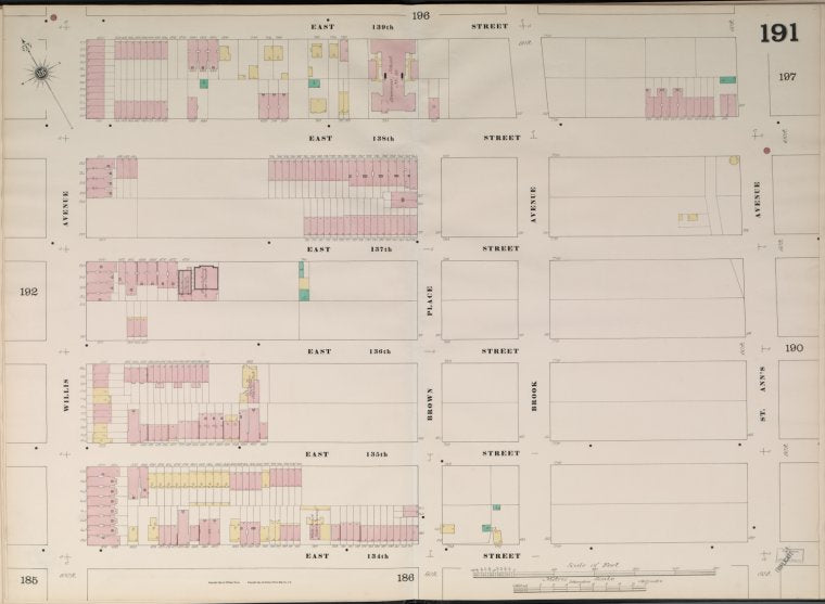 Bronx, V. 9, Double Page Plate No. 191 [Map bounded by East 139th St., St. Ann's Ave., East 134th St., Willis Ave.]