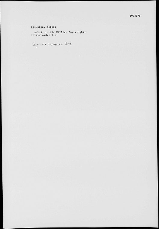 Cartwright, Sir William. ALS to