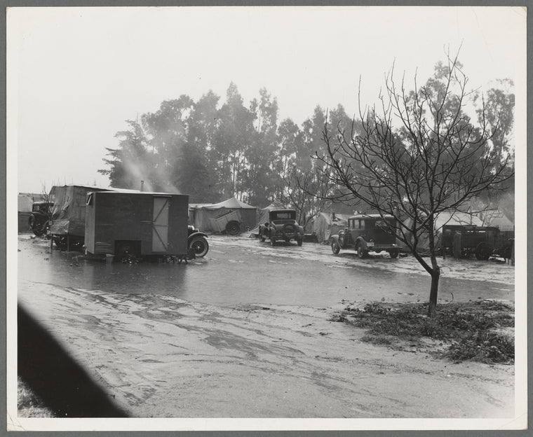 Migrant camp in California during the pea harvesting. San Luis Obispo County, California