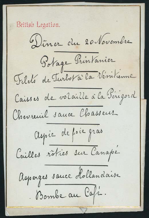 DINNER FOR W.CHAMBERLAIN AND SIR CHARLES TUPPER OF THE FISHERIES COMMISSION] [held by] BRITISH LEGATION [at] ? (?)
