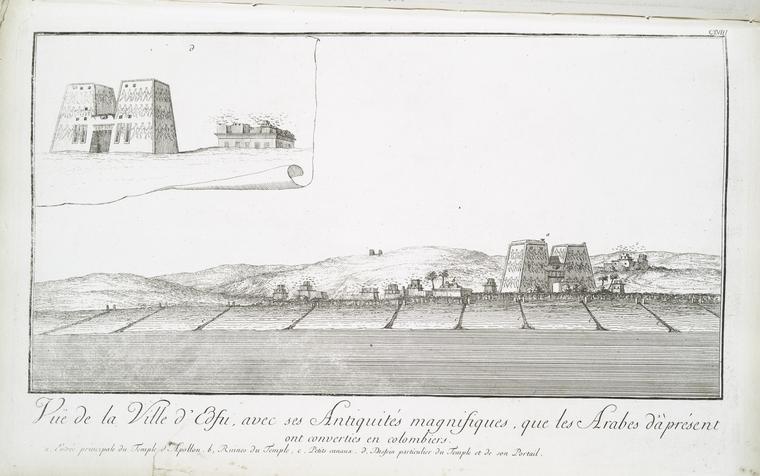 Vue de ville d'Edfu, avec ses antiquités magnifiques, que les Arabes d'à présent ont converties en colombiers. (a. Entrée principale du Temple d'Apollon, b. Ruines du temple, c. Petits canaux, d. Dessein particulier du temple et de son portail.)