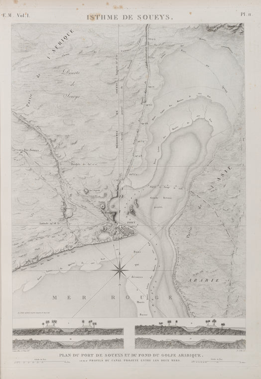 Isthme de Soueys [Isthmus of Suez]. Plan du port de Soueys et du fond du Golfe Arabique. I-IV. Profils du canal projeté entre les deux mers.