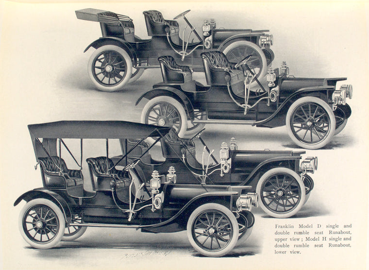 Franklin Model D single and double rumble seat runabout, upper view; Model H single and double rumble seat runabout, lower view.