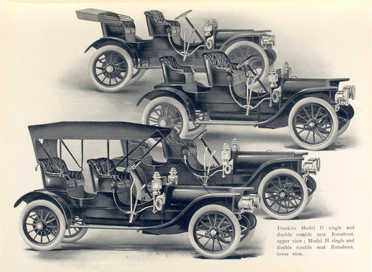 Franklin Model D single and double rumble seat runabout, upper view; Model H single and double rumble seat runabout, lower view.