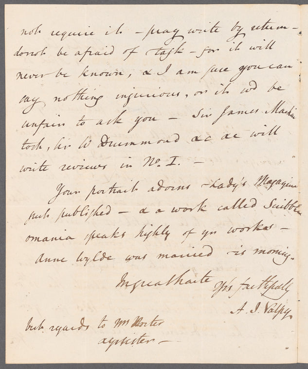 Abraham John Valpy to Miss Porter, autograph letter signed