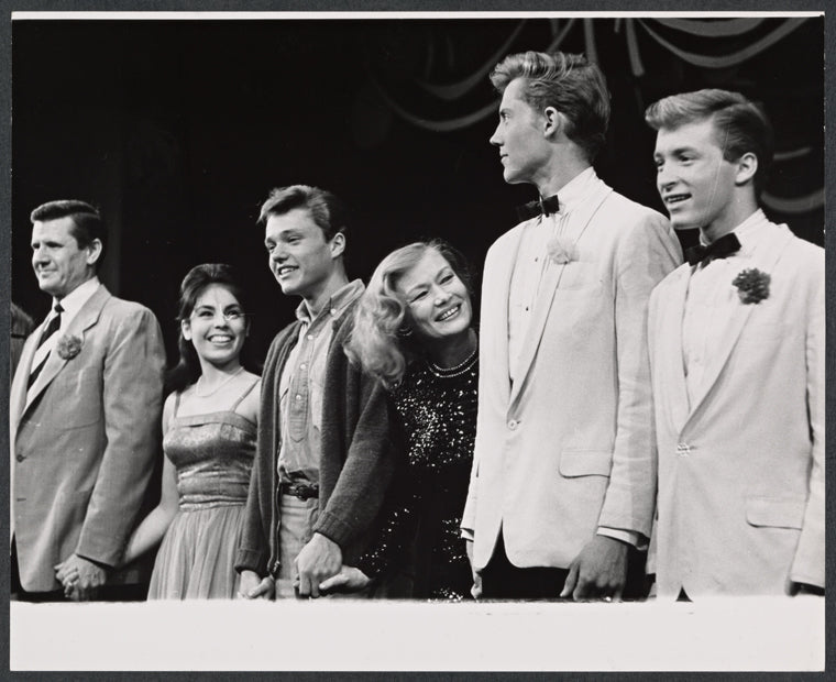 Marsha Levant, Glenn Walken, Veronica Lake, Christopher Walken, Edmund Gaynes and unidentified in the 1963 Off-Broadway revival of Best Foot Forward