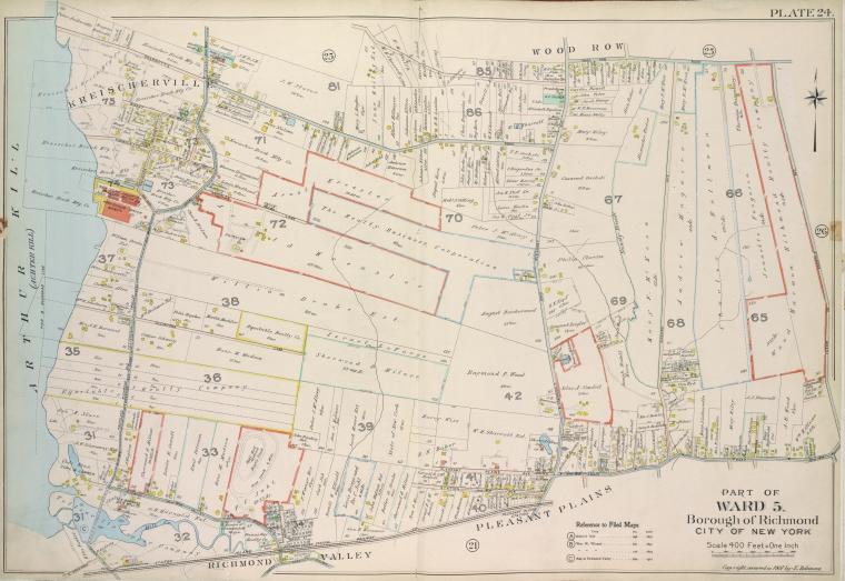 Plate 24, Part of Ward 5: [Map bound by Sharrotts Road, Shore Road, Wood Row Road, Foster or Rossville Ave, Amboy Road, The Staten Island Railway Co., Pier & Bulkhead Line]
