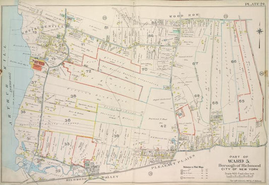 Plate 24, Part of Ward 5: [Map bound by Sharrotts Road, Shore Road, Wood Row Road, Foster or Rossville Ave, Amboy Road, The Staten Island Railway Co., Pier & Bulkhead Line]