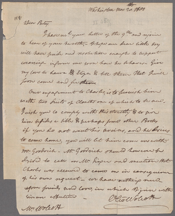 Oliver Wolcott to “Dear Betsy” [Elizabeth Wolcott], Washington