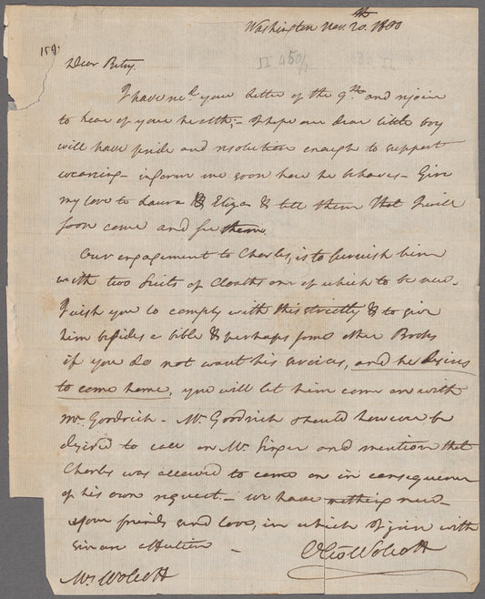 Oliver Wolcott to “Dear Betsy” [Elizabeth Wolcott], Washington
