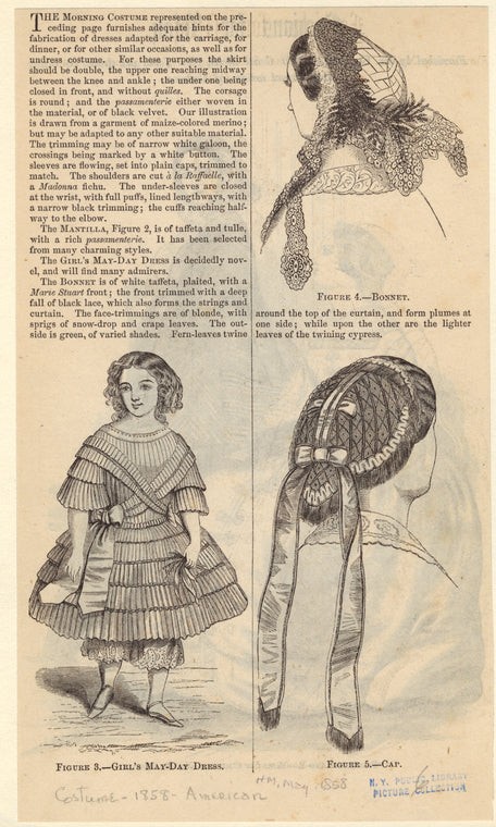 Bonnet, cap, and girl's May Day dress
