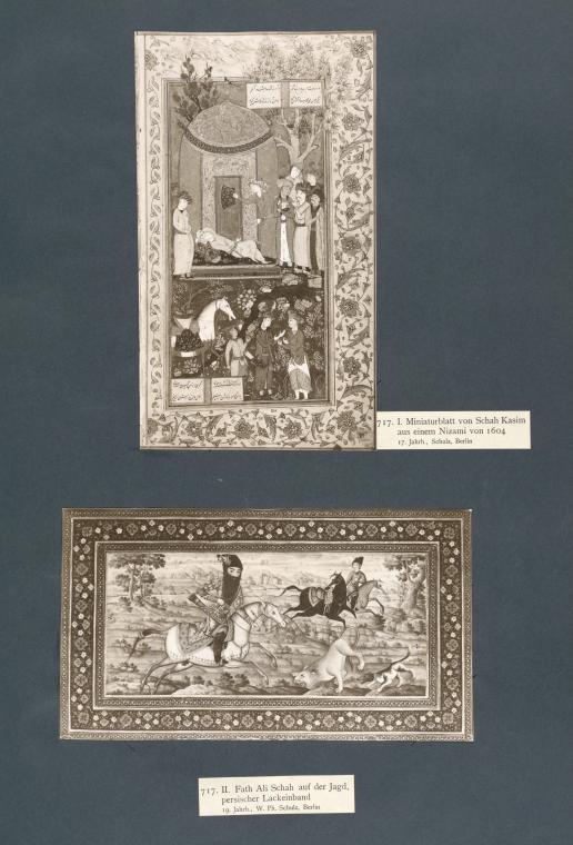 I. Miniaturblatt von Schah Kasim aus einem Nizami von 1604; II. Fath Ali Schah auf der Jagd, persischer Lackeinband.