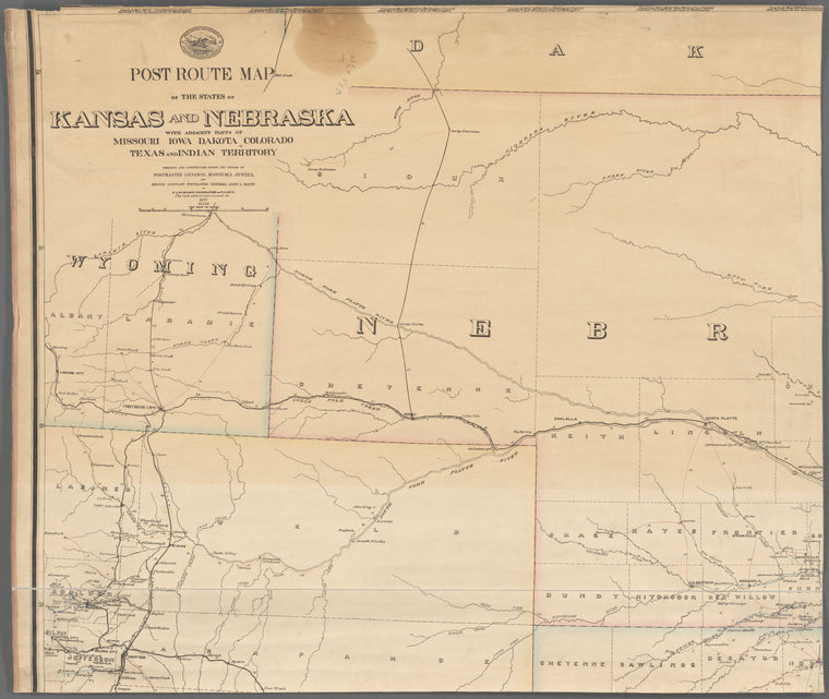 Post route map of the states of Kansas and Nebraska : with adjacent parts of Missouri, Iowa, Dakota, Colorado, Texas, and Indian Territory