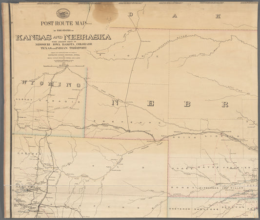 Post route map of the states of Kansas and Nebraska : with adjacent parts of Missouri, Iowa, Dakota, Colorado, Texas, and Indian Territory