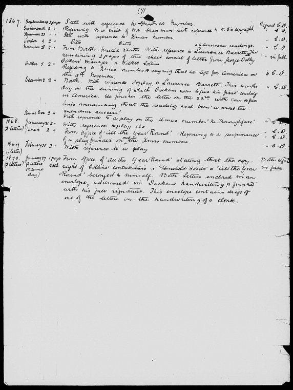 Letters of Charles Dickens to Wilkie Collins. Manuscript list in an unidentified hand. Pages 1-5 written on stationery of A. P. Watt, literary agent n.d.