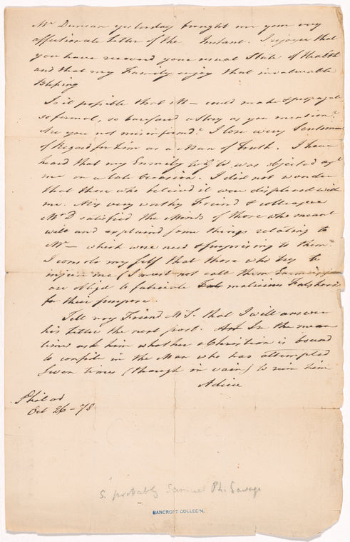 Letter to [Samuel P. Savage]
