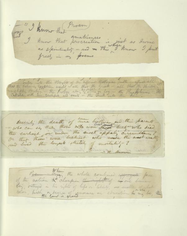 Leaf mounted with four holograph manuscripts written on four scraps of paper: Proem; Enter into the thoughts of the different theological faiths; Describing the death; When the whole combined force of the nation.
