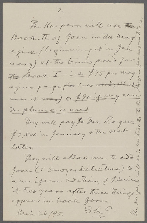 Notes regarding contract with Harpers for the publication of Tom Sawyer Detective and Joan of Arc. Mar. 26, 1895.