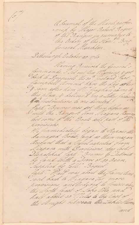 Journal of the March performed by Major Robert Rogers of the Rangers in pursuance to the Orders of the Honorable. Brigadier General Monckton