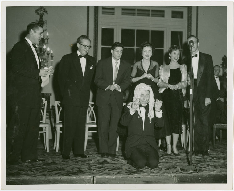 At extreme left, Mark Dawson (Bob), at center, Bill Hayes (Larry) and Isabel Bigley (Jeanie) and others at "stunt" birthday celebration for Me and Juliet