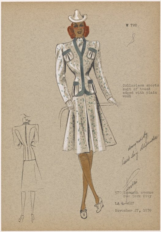 Collarless sports suit of tweed edged with plain wool.