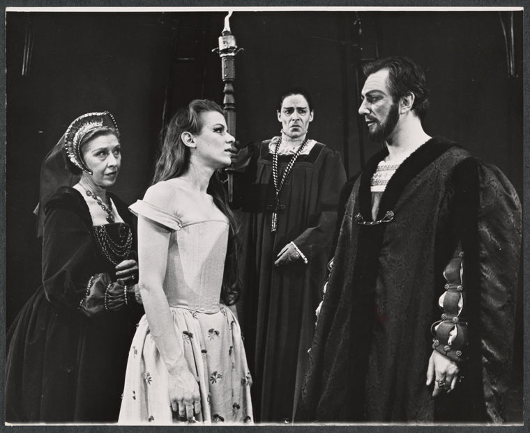 Margaret Phillips [left], Anne Gee Byrd [second from left], Philip Bosco [right] and unidentified [second from right] in the 1964 Stratford Festival stage production of Hamlet