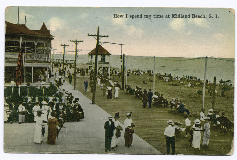 How I Spend my time at Midland Beach, Staten Island. [people on boardwalk, Scenic Railway building.]
