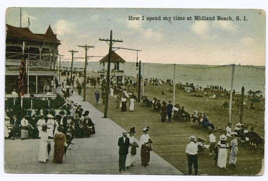 How I Spend my time at Midland Beach, Staten Island. [people on boardwalk, Scenic Railway building.]