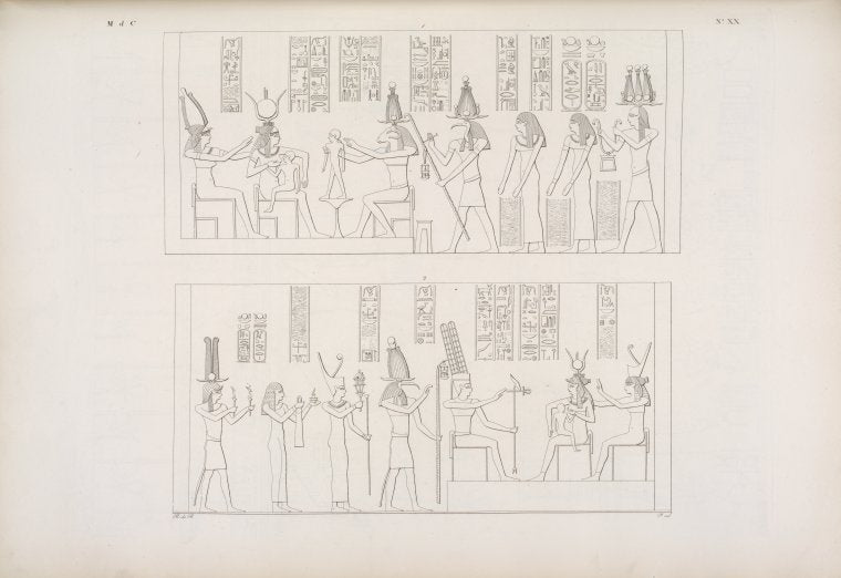 1, 2. Augusto viene insieme con li Dei a compier le cerimonie verso il divino figlio di Athyr. (Dal tempio di Athyr a Phile).
