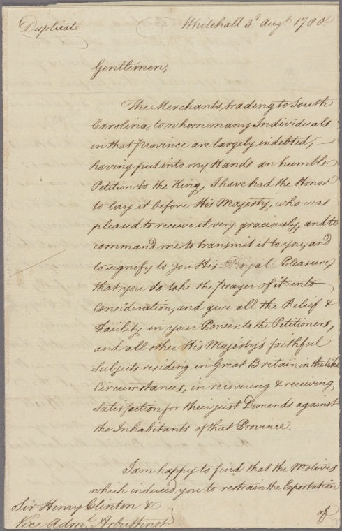Letter to Sir Henry Clinton and Vice Admiral [Marriot] Arbuthnot