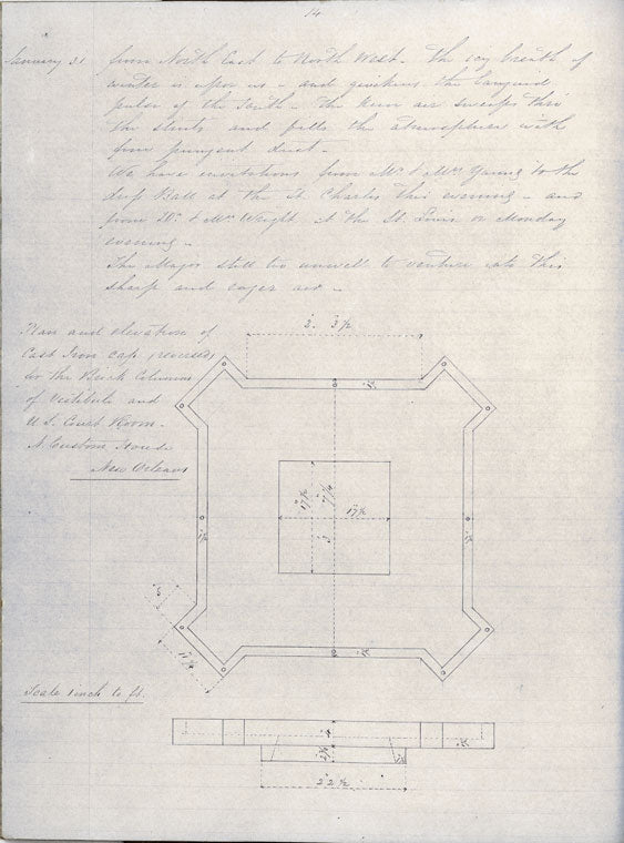 Plan and elevation of cast iron cap recesses for the brick columns of the vestibule and U.S. Courtroom N. Custom House New Orleans