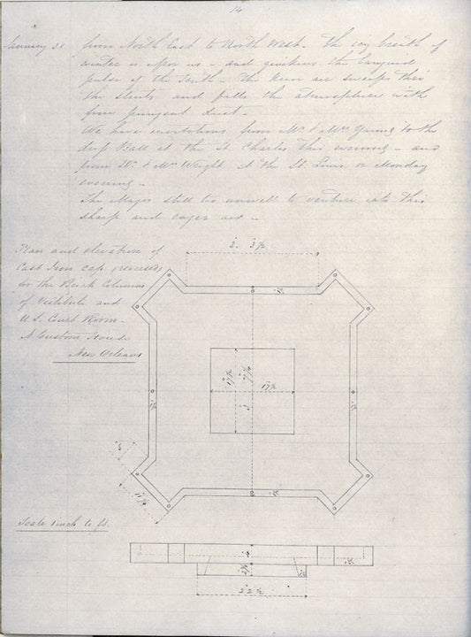 Plan and elevation of cast iron cap recesses for the brick columns of the vestibule and U.S. Courtroom N. Custom House New Orleans