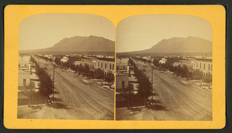 Tejon Street, Colorado Springs, Colorado, looking south, with Cheyenne Mountain in the distance.