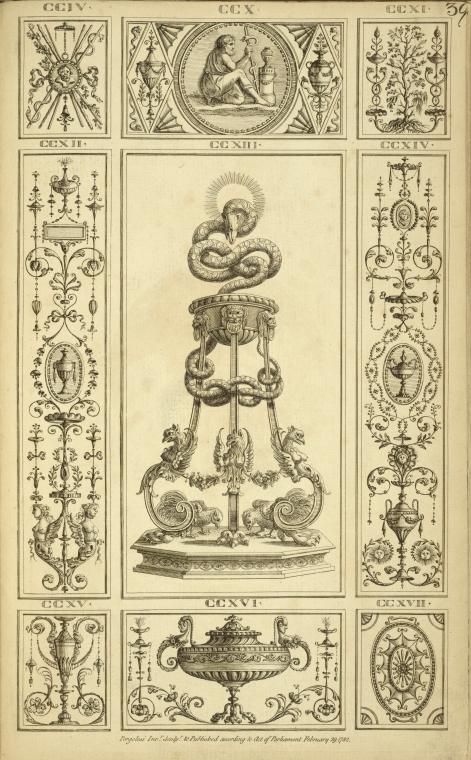 Central design of basin in stand with designs of birds and large snake