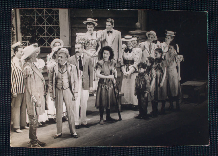 Ethel Merman (center), Clifford Sales, Marlene Cameron, Camilla De Witt, and Nancy Jean Raab, and ensemble in the stage production Annie Get Your Gun