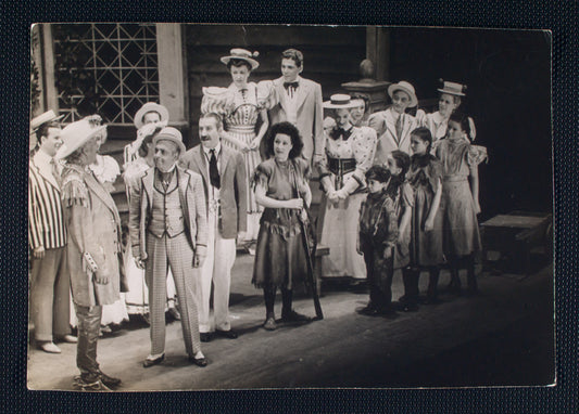 Ethel Merman (center), Clifford Sales, Marlene Cameron, Camilla De Witt, and Nancy Jean Raab, and ensemble in the stage production Annie Get Your Gun