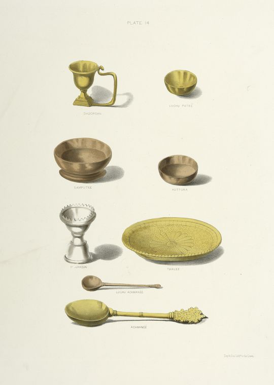 Puja vessels]: dhoopdan [dhupadana], samputee [samputi], singhasun [simhasana], lughu patre [laghupatra], kuttora, thalee [thali], lughu achmanee, achmanee