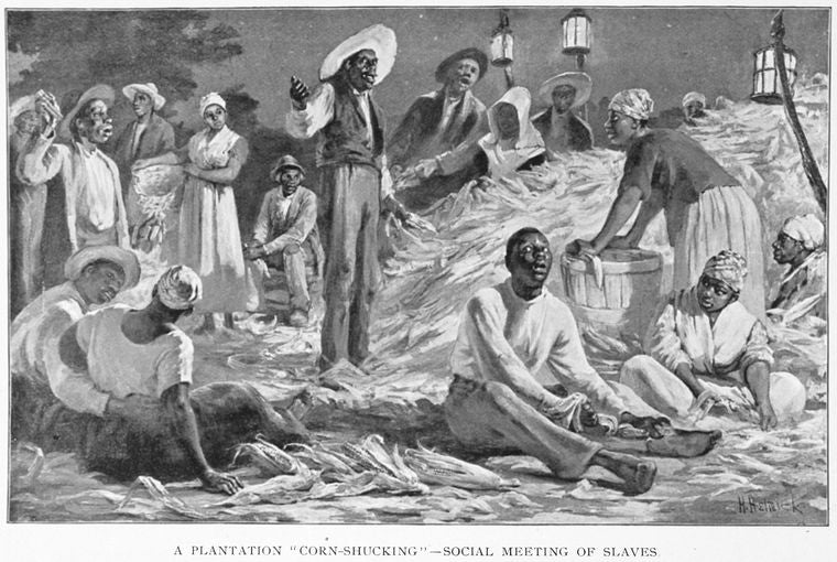 A plantation "corn-shucking"-social meetings of slaves.