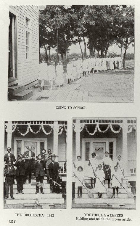 Going to school. ; The orchestra - 1912. ; Youthful sweepers, holding and using the broom aright.