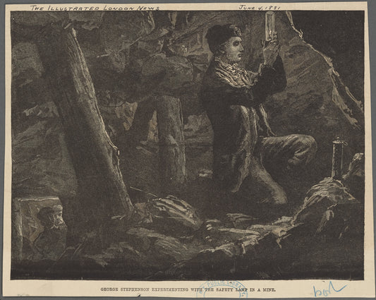 George Stephenson experimenting with the safety lamp in a mine.