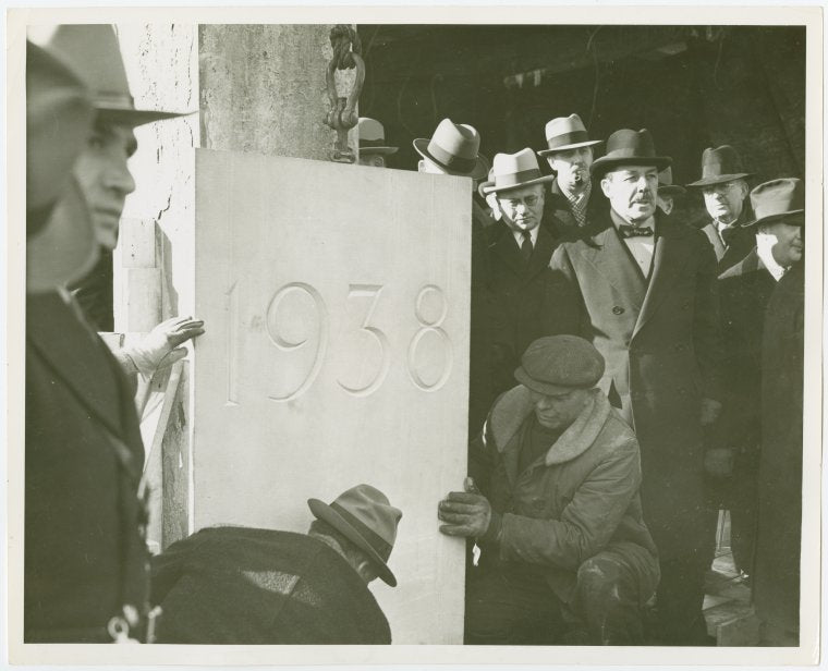 Construction - Ceremonies and Events - Grover Whalen and others at cornerstone laying ceremony