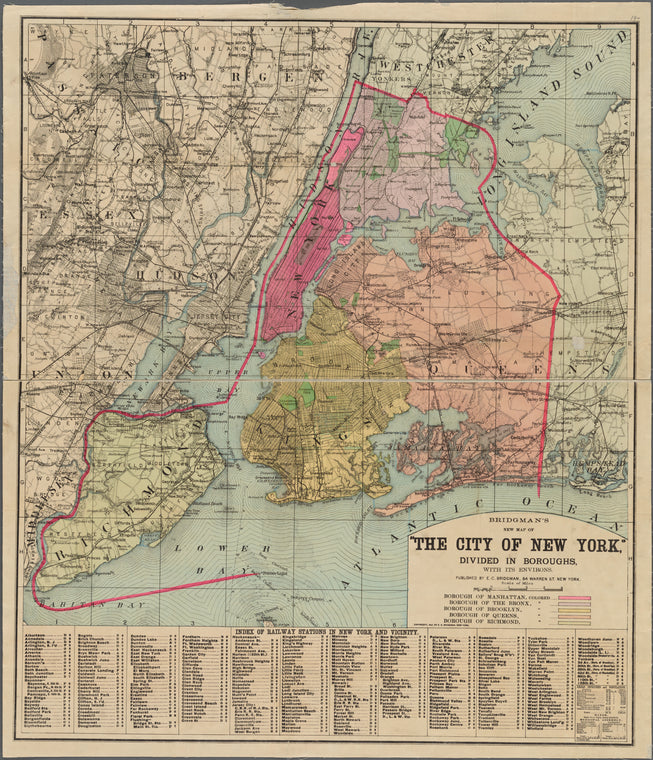 The City of New York, divided into boroughs, with its environs. Index of railway stations in New York and vicinity.