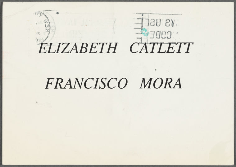 Postcard announcing Elizabeth Catlett & Francisco Mora Artist Dialogue