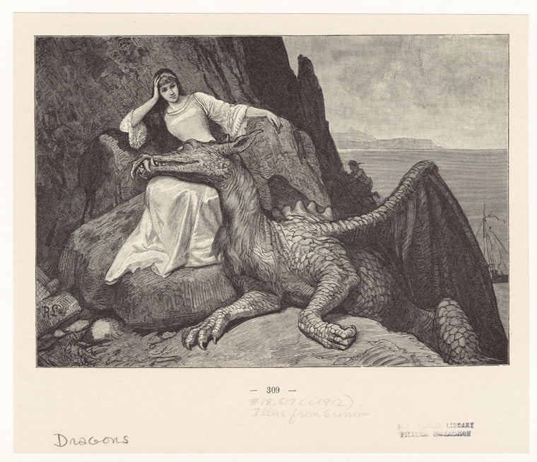 Dragon resting its head on the lap of a woman