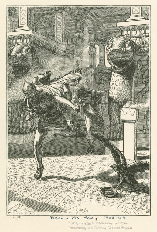Adrammelech and Sharezer escaping after murdering their father, Sennacherib