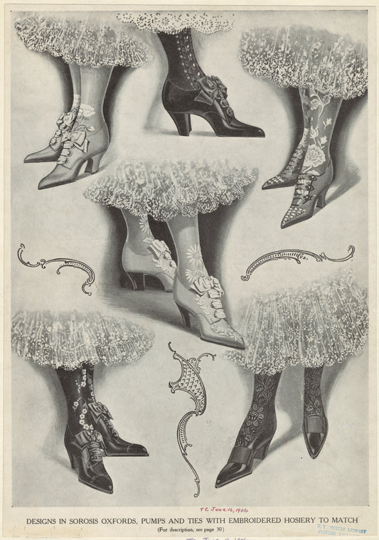 Designs in Sorosis oxfords, pumps and ties with embroidered hosiery to match