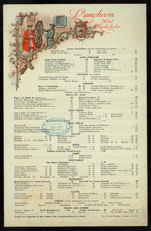 LUNCHEON [held by] HOTEL KNICKERBOCKER [at] "NEW YORK, NY" (HOTEL;)