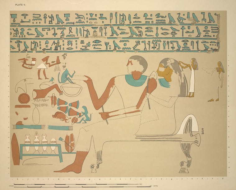 Sebeknekht and his wife seated on a couch of ivory inlaid with ebony