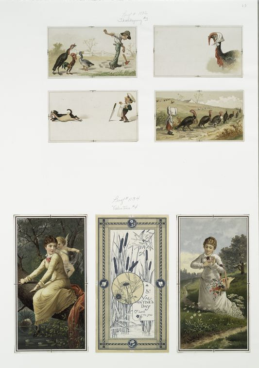 Thanksgiving cards depicting people and turkeys ; Valentines with women and Cupid.